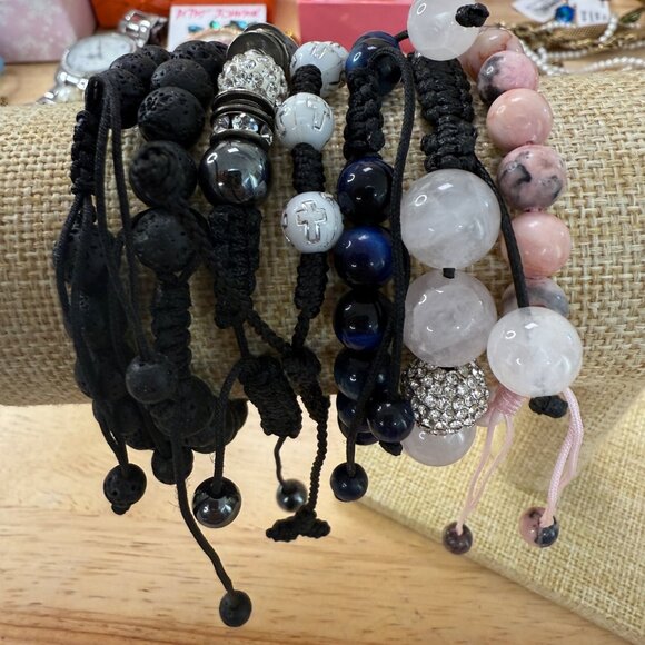 Stack Set Of 7 Beaded Adjustable Bracelets With Lava Rock Gemstone & Crystal Bea - Picture 3 of 8